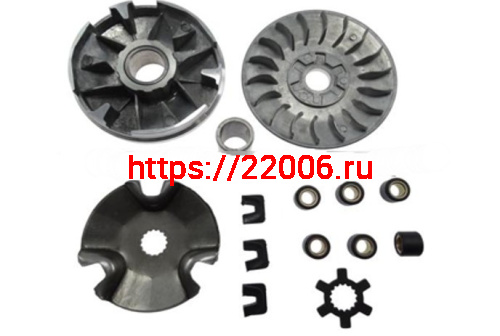 Вариатор Yamaha JOG-90 в сборе (ролики, наружный шкив, палец, шайба наружного шкива)